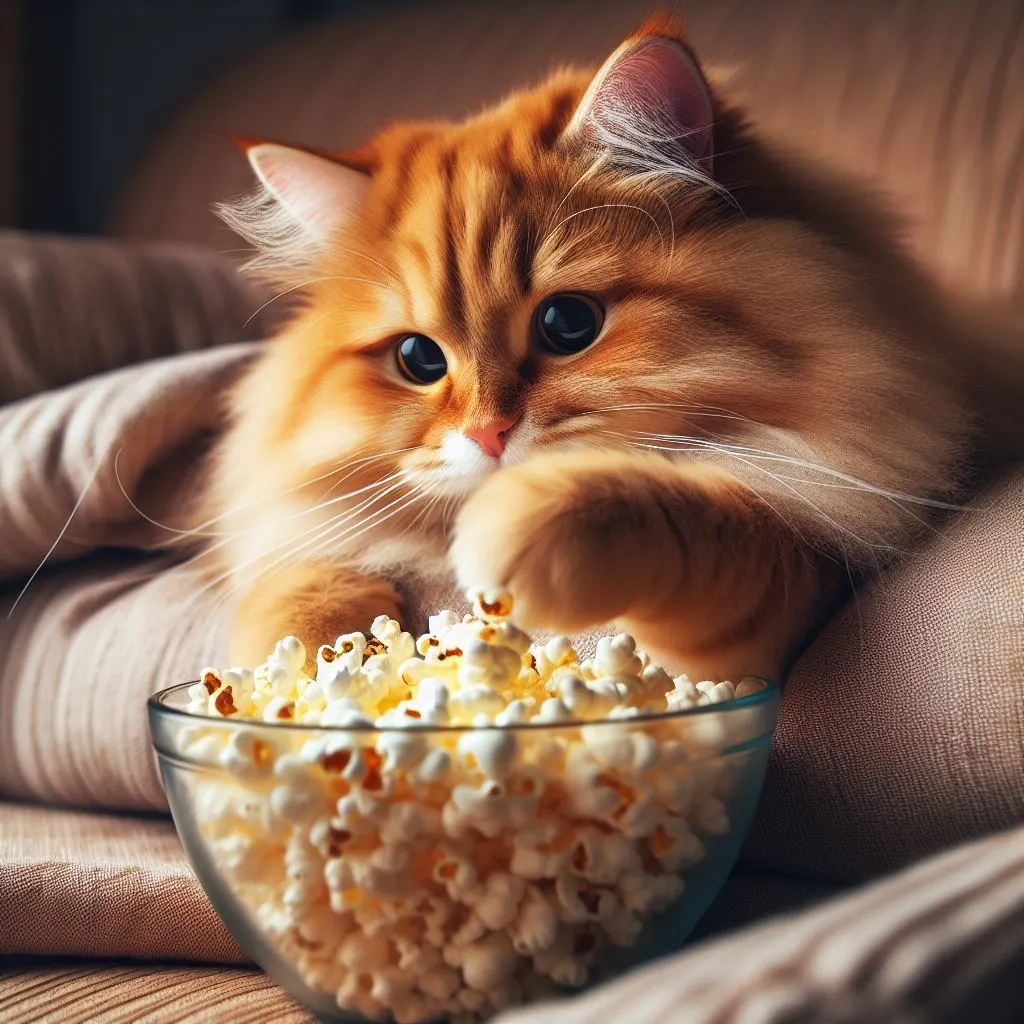 Gatos en sofa comiendo palomitas